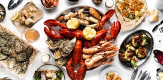 Seafood platter on table