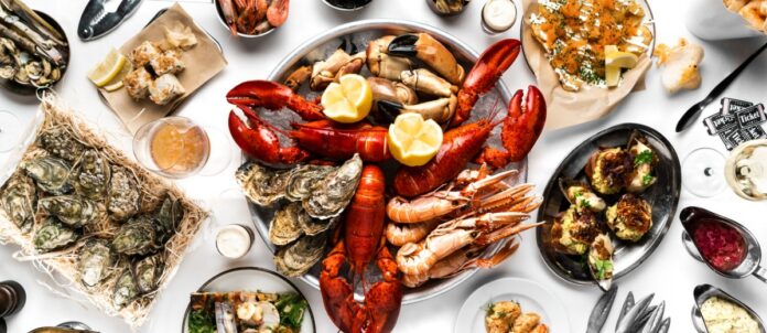 Seafood platter on table