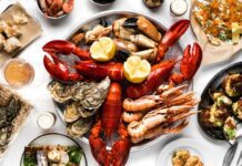Crayfish and seafood table top view lobsters
