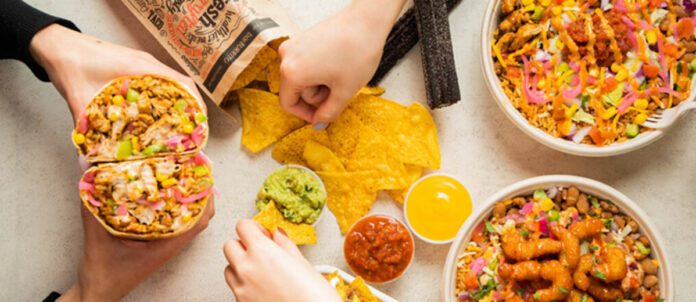 BURRITObar Power Bowls, Chips w/ Salsa, and Burrito on table