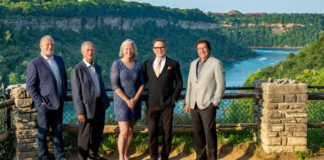 (L to R): Anthony Annunziata, president, Tourism Partnership of Niagara; Bill Falk, president, William Falk Farms Ltd.; Carolyn Hurst, Chair of the Board, Ontario Craft Wineries, and president, Westcott Vineyards Inc.; John Peller, president & CEO, Andrew Peller Ltd.; Gary Zalepa, Lord Mayor, Niagara-on-the-Lake, Ont. Credit: Mirza Noormohamed (CNW Group/Ontario Craft Wineries