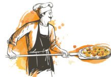 Illustration of Pizza maker holding pizza peeler with Pizza on it