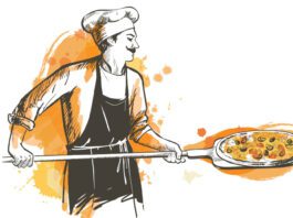 Illustration of Pizza maker holding pizza peeler with Pizza on it