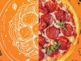 Pizza with Illustration and Photo Pizza Split in middle and Vegetable Drawings around photo