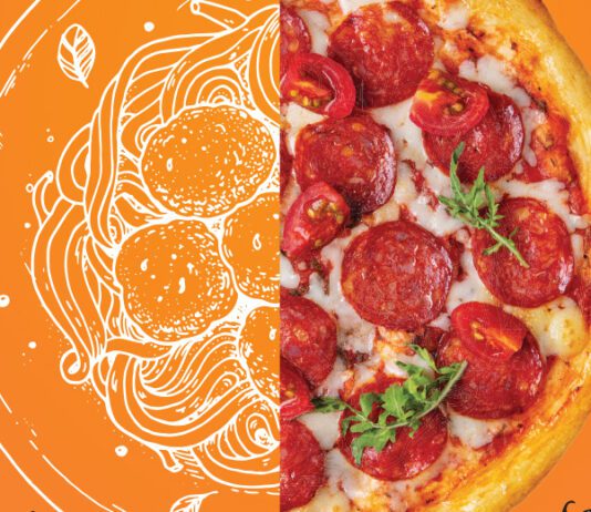 Pizza with Illustration and Photo Pizza Split in middle and Vegetable Drawings around photo