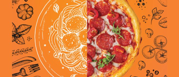 Pizza with Illustration and Photo Pizza Split in middle and Vegetable Drawings around photo