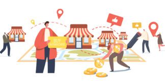 Illustration of Cartoon Characters Holding Coins and For Sale Signs to Buy Storefronts/Restaurants for Franchising