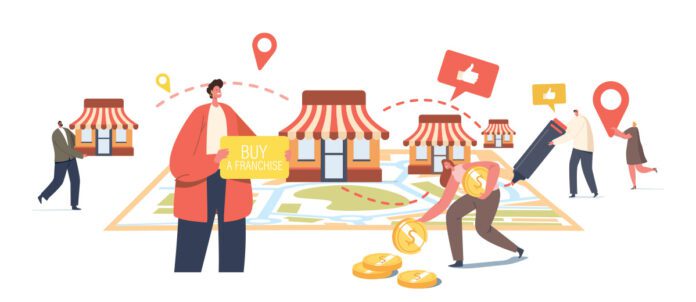 Illustration of Cartoon Characters Holding Coins and For Sale Signs to Buy Storefronts/Restaurants for Franchising