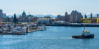 Victoria Inner Harbour. Historical buildings in the background over blue sky. Panoramic view.