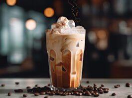 Coffee Beans around Iced Coffee with Milk, Marshmallows, and Cinnamon Flakes in Drink