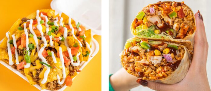 BurritoBar - Burrito Wrap in Woman's hands and Nacho Chips in Container