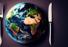 Knife and Fork with planet Earth in middle of table