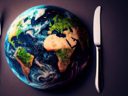 Knife and Fork with planet Earth in middle of table