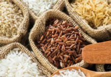 Different types of rice in burlap sacks