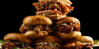 MightyBird Pyramid of chicken sandwiches, such as The Mighty O.G., Crispy Chicken Classic, Nashville Hot, Banh Mi and the Piri-Piri Glazed