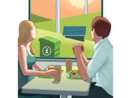 Man and Woman at Restaurant looking out window to see compost container, solar panels, and windmills