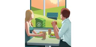 Man and Woman at Restaurant looking out window to see compost container, solar panels, and windmills