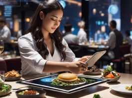 Woman eating at fancy restaurant while using tablet at table