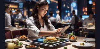 Woman eating at fancy restaurant while using tablet at table