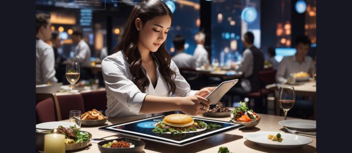 Woman eating at fancy restaurant while using tablet at table