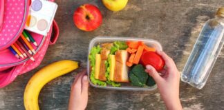 Child's lunch bag with sandwich and fruits/vegetables