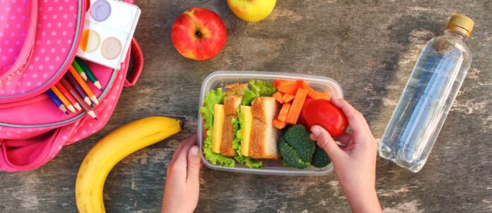 Child's lunch bag with sandwich and fruits/vegetables