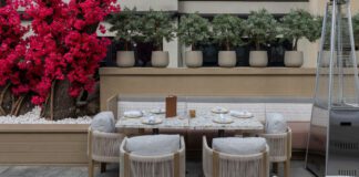 Paros restaurant dining table in patio section