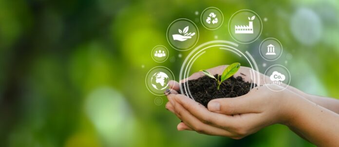 Person holding soil in there hands with sustainable icons surrounding