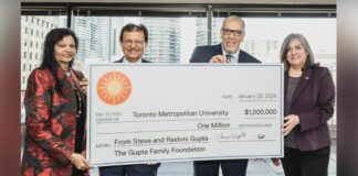 Dr. Steve and Rashmi Gupta give check for $1 Million to Toronto Metropolitan University (TMU)