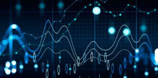 Financial chart and rising graph with lines and forex candlestick