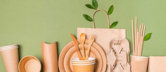 Craft paper utensils, takeaway paper containers and cups, bamboo cutlery, paper drinking straws on green background