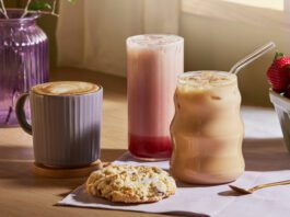 Good Earth Coffeehouse new spring drink lineup: hot and iced Lavender Latte, a Strawberry Rose Cremosa and a Lavender Cranberry scone.