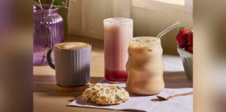 Good Earth Coffeehouse new spring drink lineup: hot and iced Lavender Latte, a Strawberry Rose Cremosa and a Lavender Cranberry scone.
