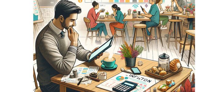 Man reading his tablet in restaurant