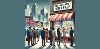 Illustration of group of businessmen and women gathered around a restaurant for lease