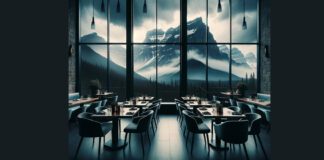 Illustration of Mountain with restaurant dining area in foreground