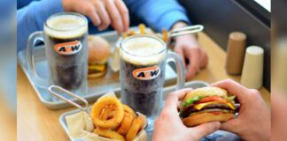 A&W Cheeseburger, Onion Rings, and Chilled Root Beer