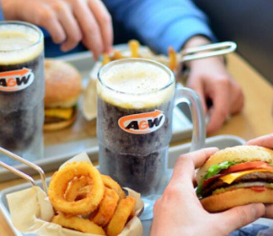 A&W Cheeseburger, Onion Rings, and Chilled Root Beer