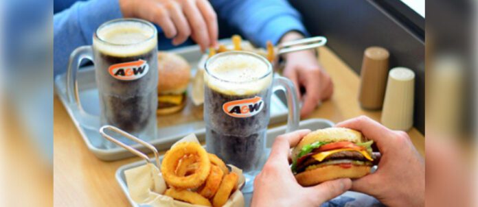 A&W Cheeseburger, Onion Rings, and Chilled Root Beer