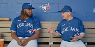 Blue Jays' Vladimir Guerrero Jr. in dugout bench