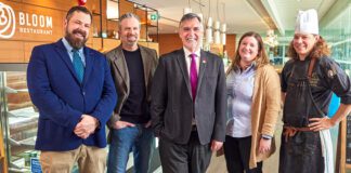 Caption: (L to R): Darryl Haus, maître d', Bloom Restaurant; Brad Lomanto, Chair, School of Hospitality and Culinary Arts; Keith Müller, Dean, School of Hospitality & Culinary Arts, and Institute of Food Processing Technology; ; Nicole Detlor, director, Conestoga Food Research and Innovation Lab and Dan McCowan, executive chef, Bloom Restaurant.