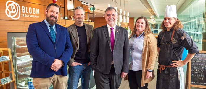 Caption: (L to R): Darryl Haus, maître d', Bloom Restaurant; Brad Lomanto, Chair, School of Hospitality and Culinary Arts; Keith Müller, Dean, School of Hospitality & Culinary Arts, and Institute of Food Processing Technology; ; Nicole Detlor, director, Conestoga Food Research and Innovation Lab and Dan McCowan, executive chef, Bloom Restaurant.