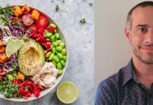Photo of a vegan plant-based meal and David Del Brocco