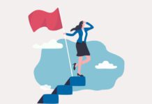 Illustration of a woman climbing flight of stairs with flag overlooking the world below