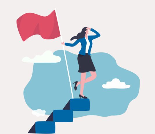 Illustration of a woman climbing flight of stairs with flag overlooking the world below