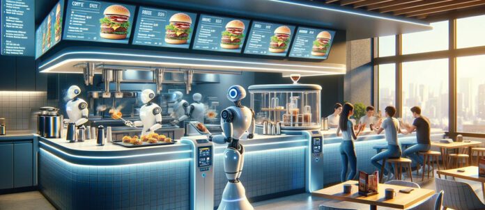 Robots making and serving food at restaurant