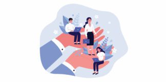 Illustration concept of 3 employees working while being held by giant hand