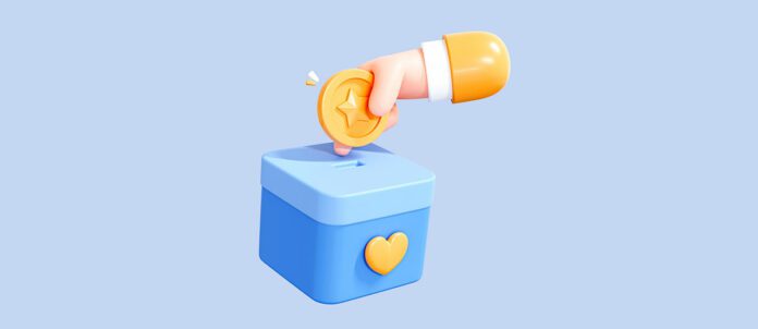 3D Character hand holding coin for donation
