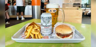 A&W Burger and fries with Root Beer and Can on Non-Alcoholic Budweiser