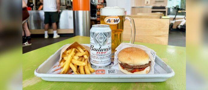 A&W Burger and fries with Root Beer and Can on Non-Alcoholic Budweiser